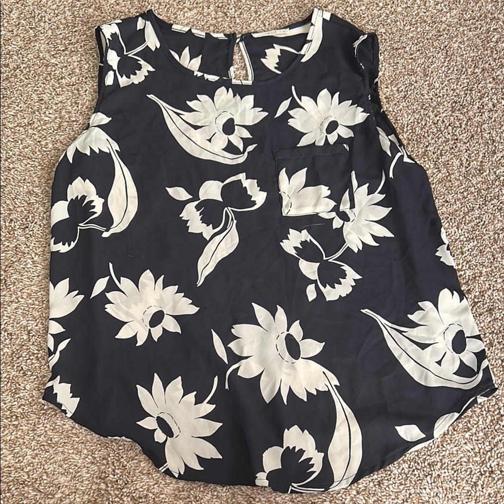 Floral Sheer Sleeveless Top - Navy and White